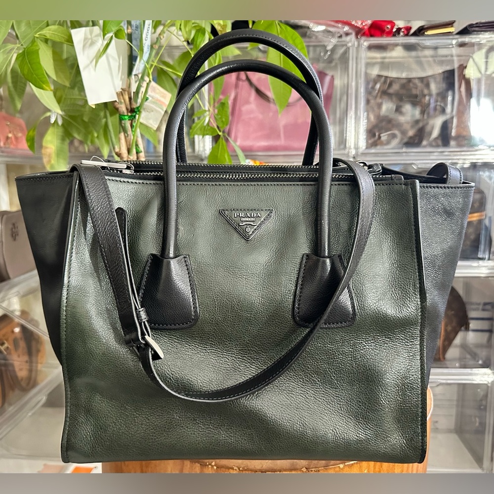 Prada Dark Green and Black Leather Tote with Removable Strap